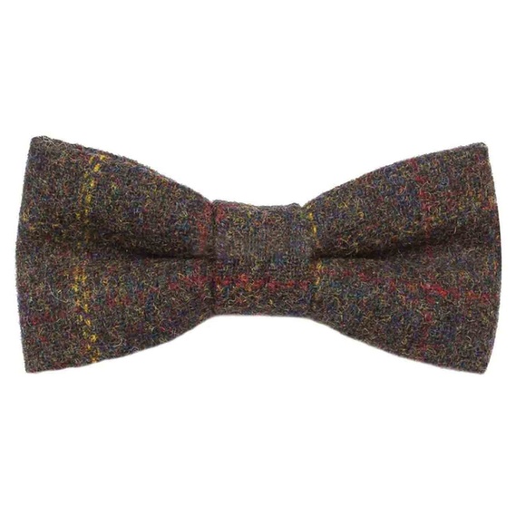 Wool Tweed Bowtie Olive Brown Yellow Red - Picture 1 of 2